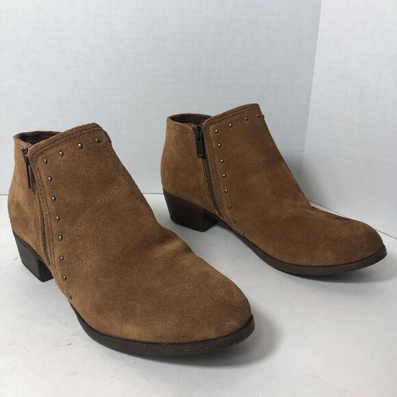 Minnetonka Ankle Bootie Womens Size 7.5 Brie Leather Studded Brown Side Zip G3 - Picture 1 of 9